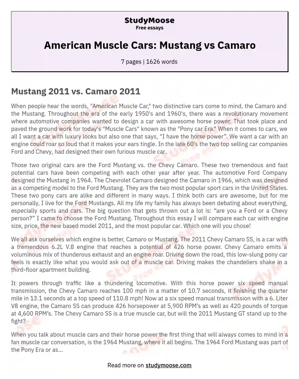 American Muscle Cars: Mustang vs Camaro essay