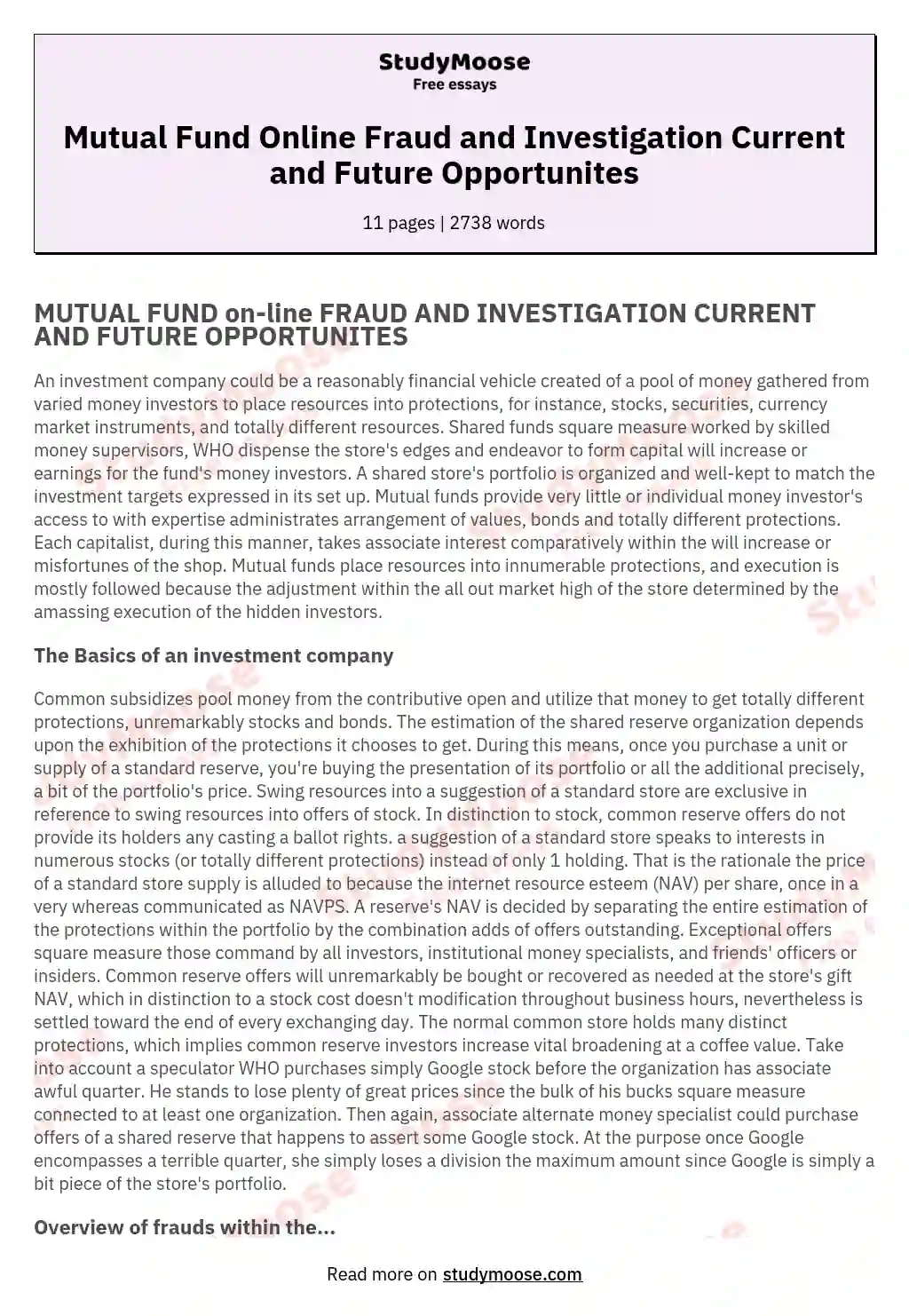 Mutual Fund Online Fraud and Investigation Current and Future Opportunites