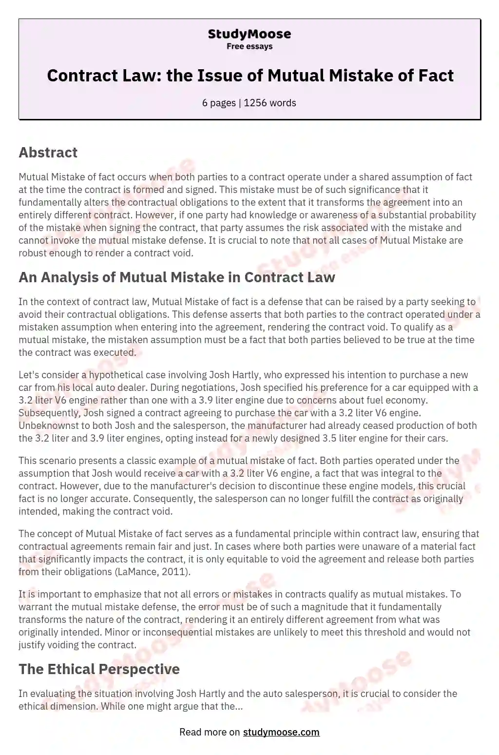 Contract Law: the Issue of Mutual Mistake of Fact essay