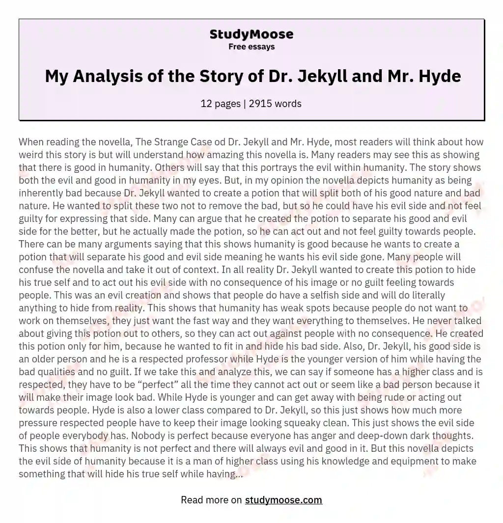 My Analysis of the Story of Dr. Jekyll and Mr. Hyde essay