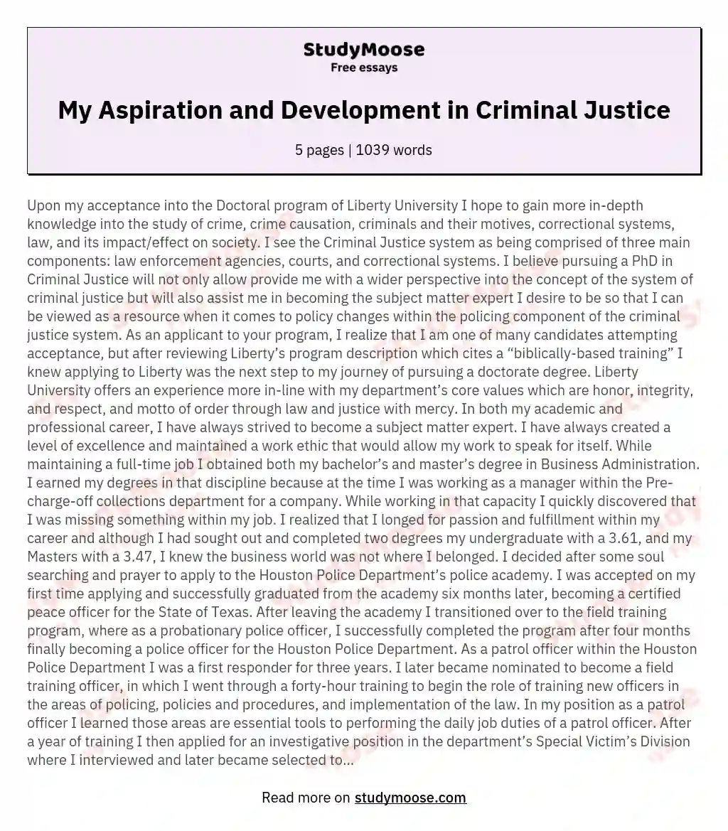 My Aspiration and Development in Criminal Justice essay