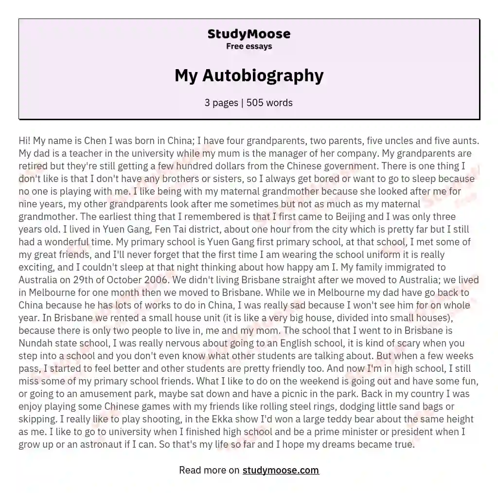 Autobiography Of A College Student - Sample Of Autobiography Of A College  Student & Free Essay Example