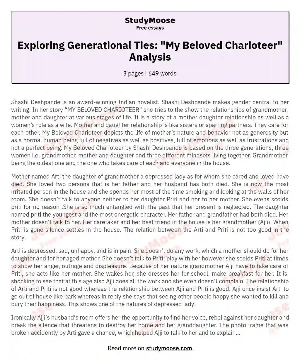 Exploring Generational Ties: "My Beloved Charioteer" Analysis essay