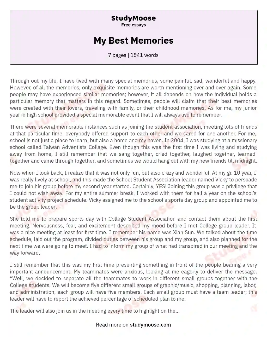 My Best Memories essay