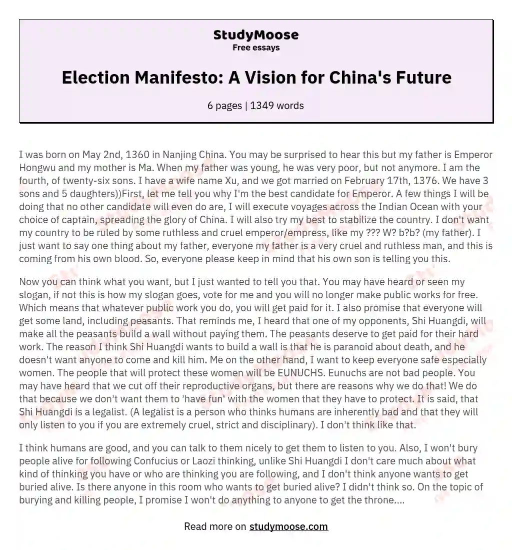 Election Manifesto: A Vision for China's Future essay
