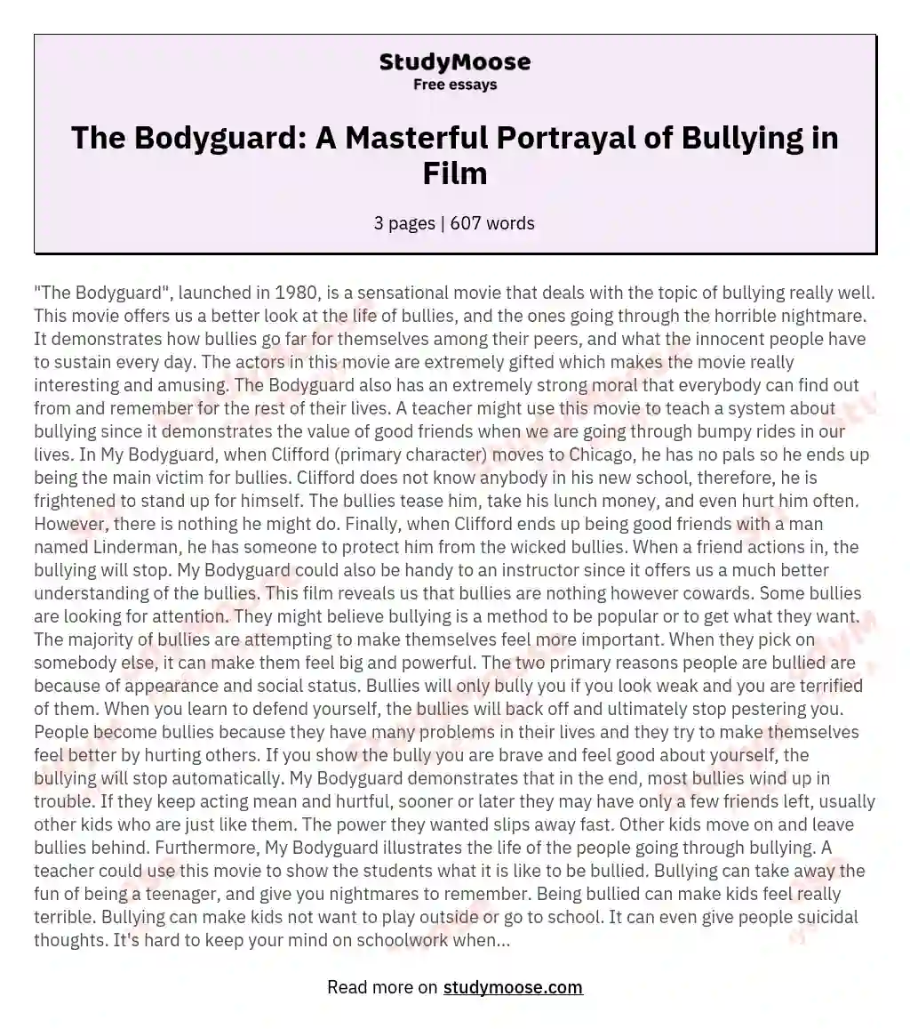 The Bodyguard: A Masterful Portrayal of Bullying in Film essay