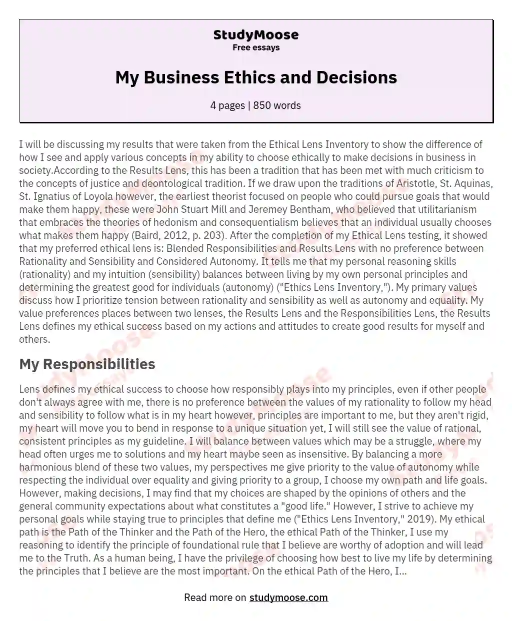 My Business Ethics and Decisions essay