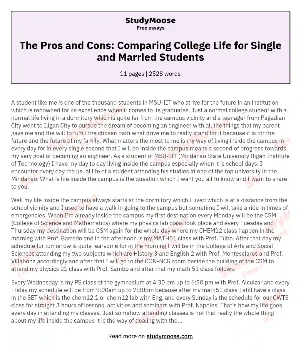 The Pros and Cons: Comparing College Life for Single and Married Students essay