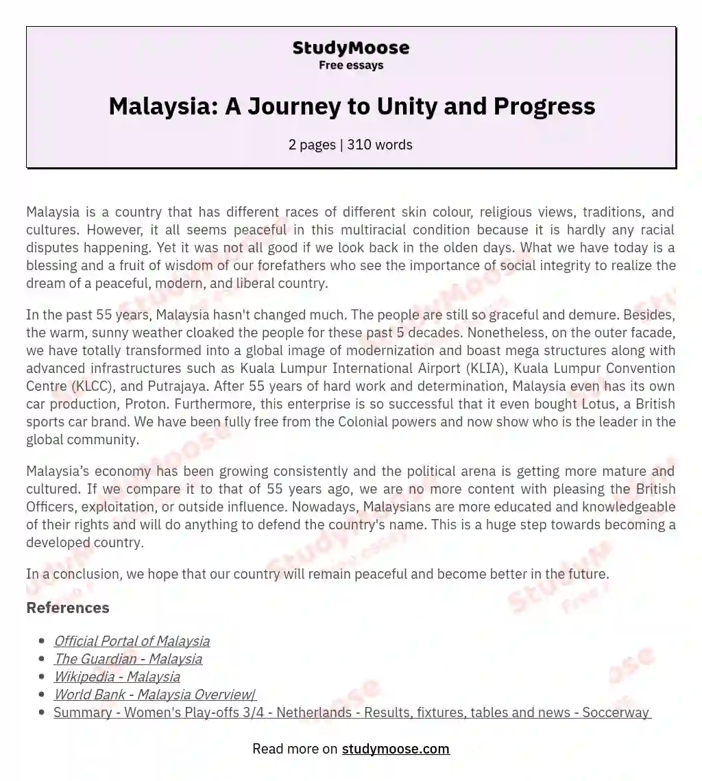 Malaysia: A Journey to Unity and Progress essay