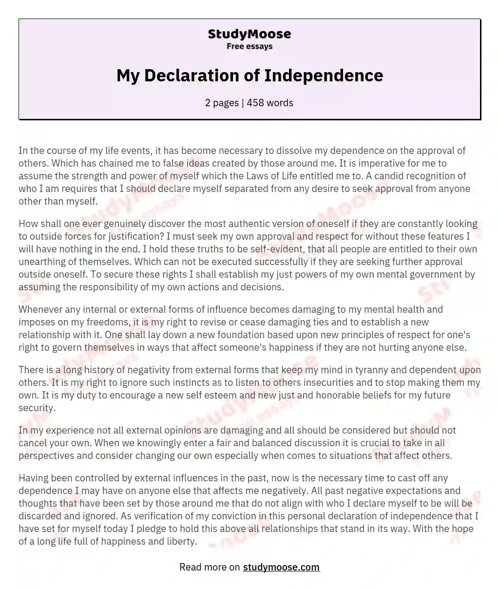 My Declaration of Independence essay