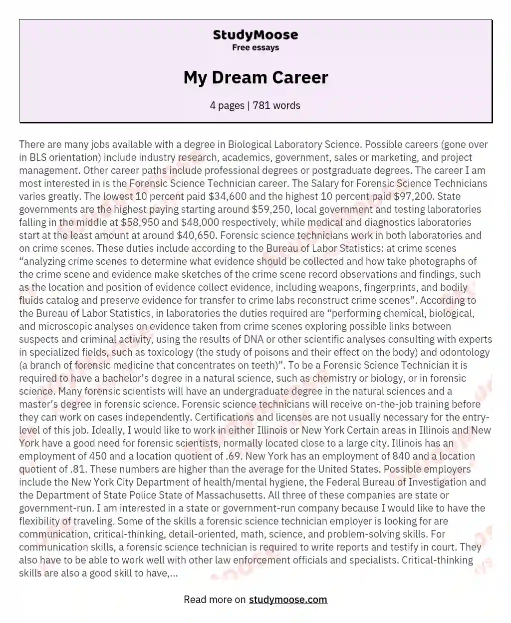 my dream career essay 100 words