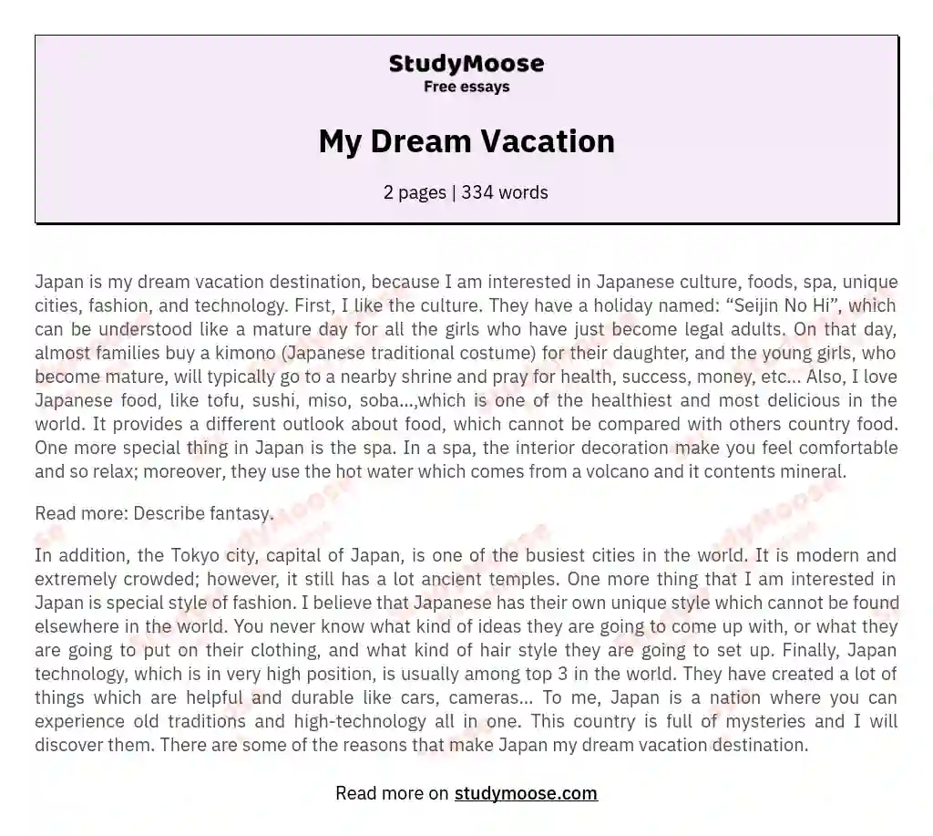 my dream vacation essay 150 words brainly