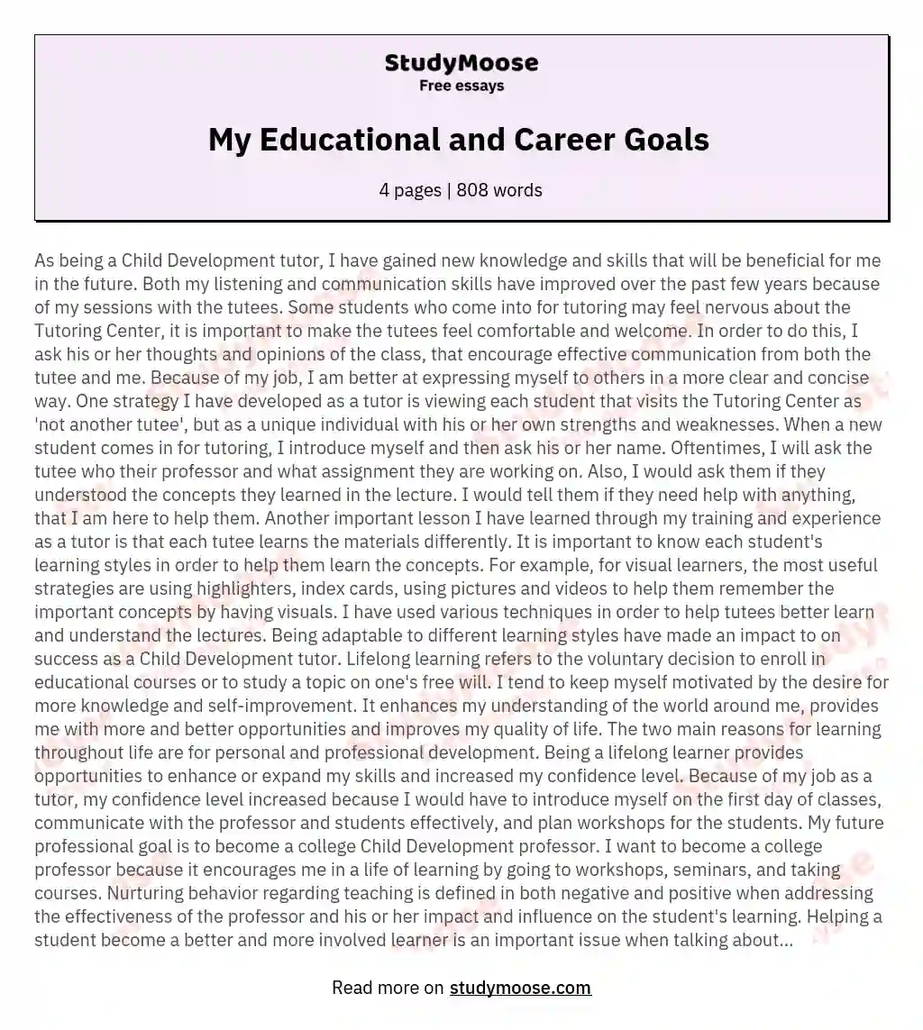 My Educational And Career Goals Free Essay Example