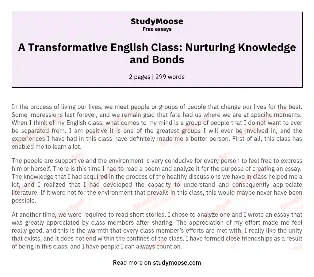 A Transformative English Class: Nurturing Knowledge and Bonds essay