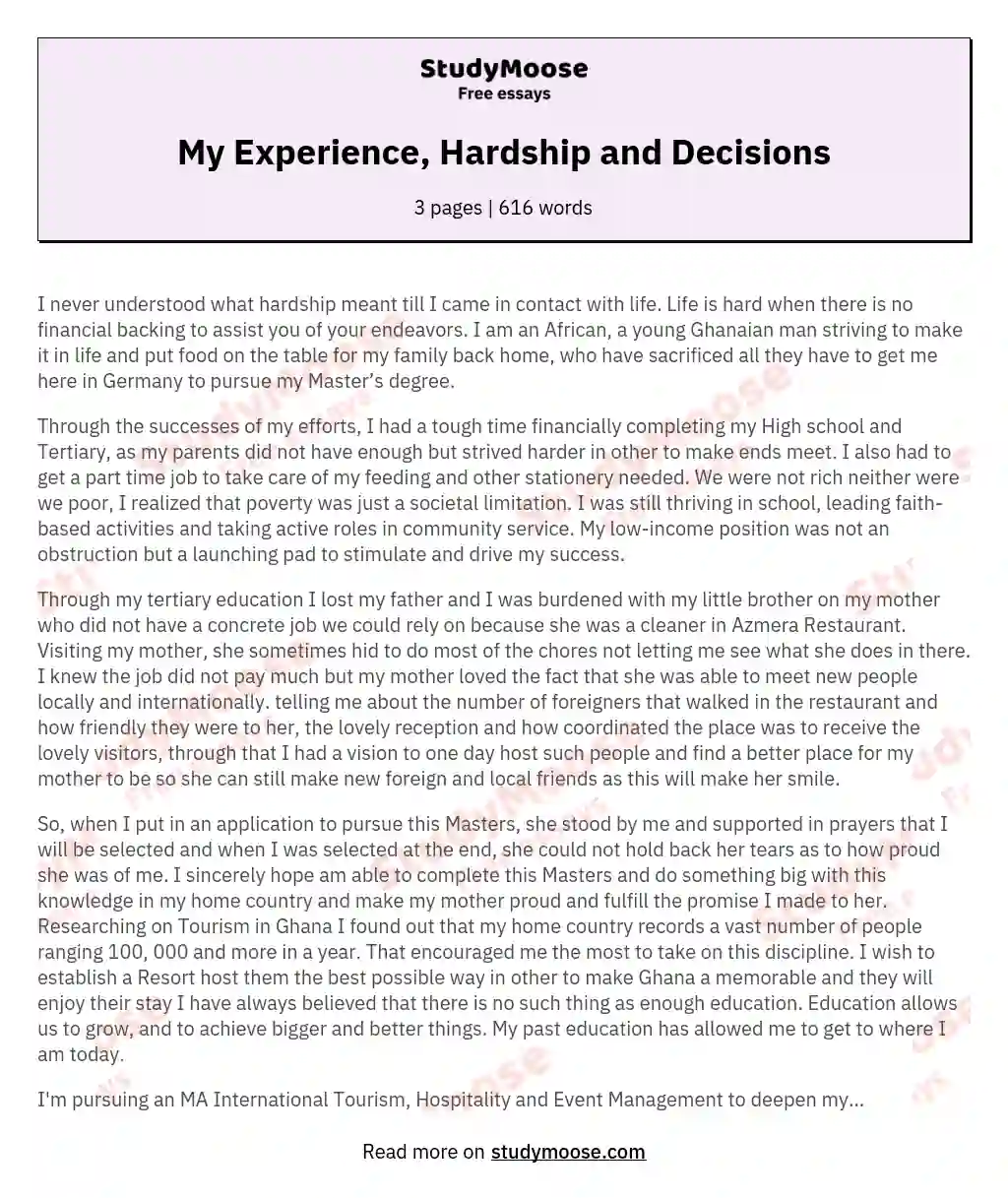 My Experience, Hardship and Decisions essay