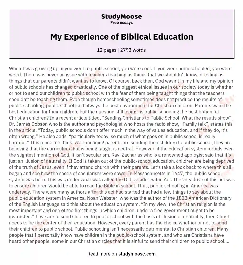 My Experience of Biblical Education essay