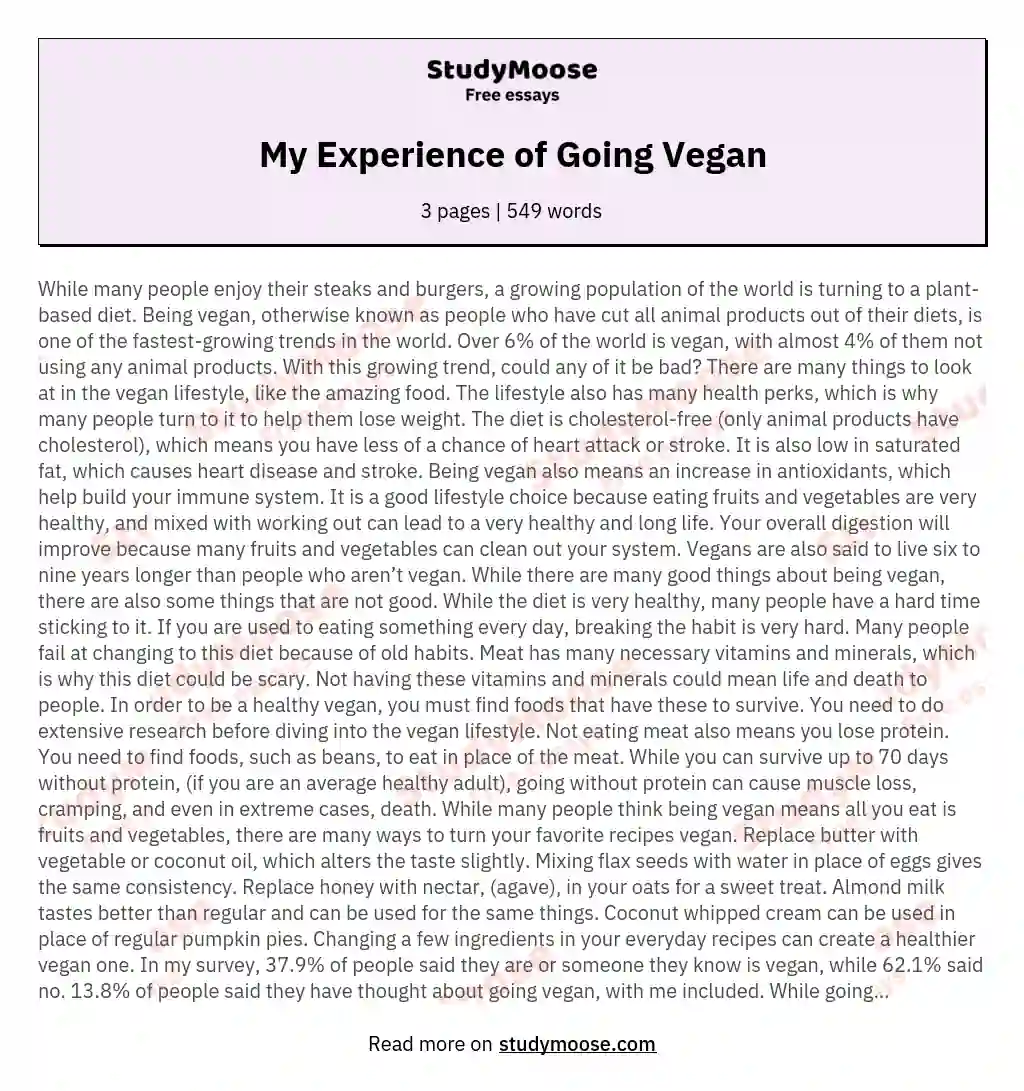 My Experience of Going Vegan essay