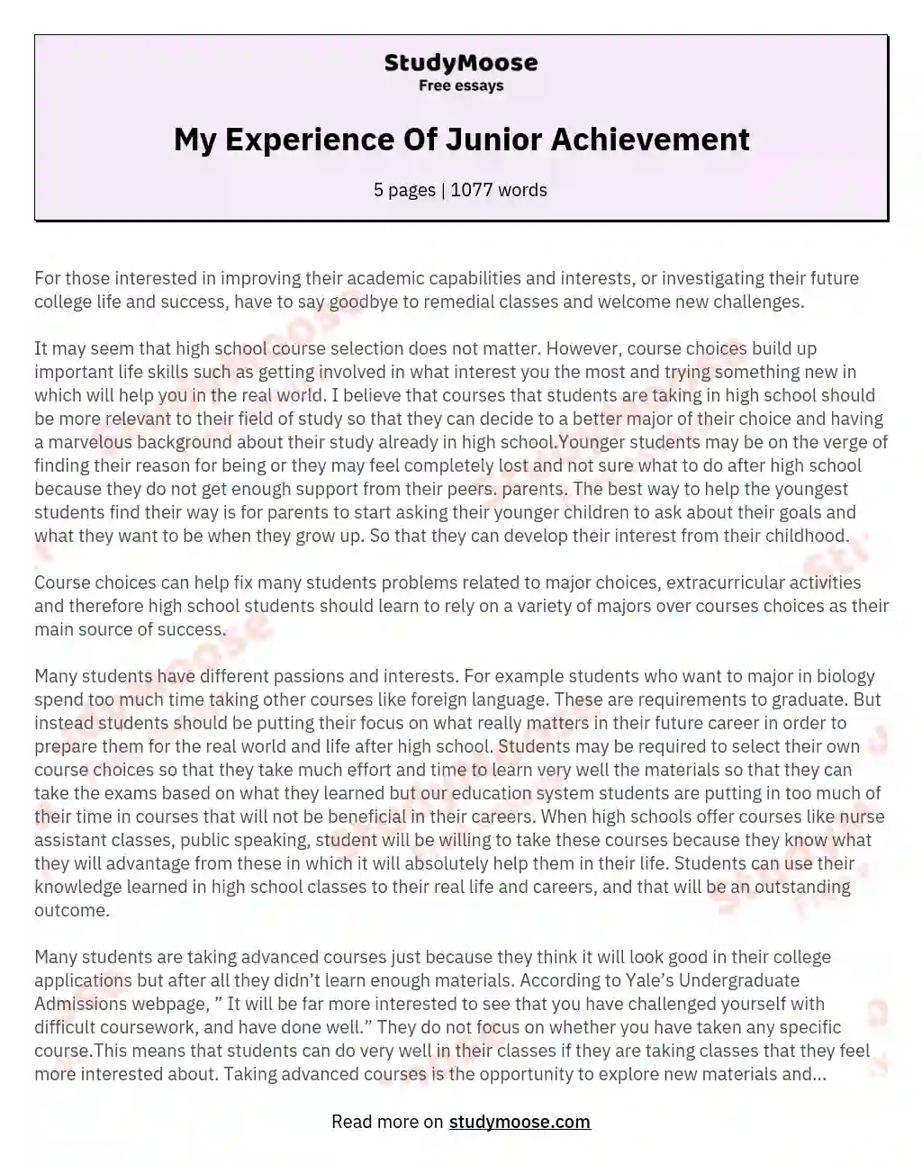 My Experience Of Junior Achievement essay