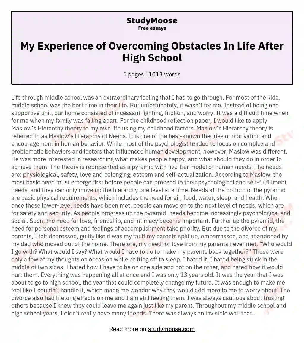 My Experience of Overcoming Obstacles In Life After High School essay
