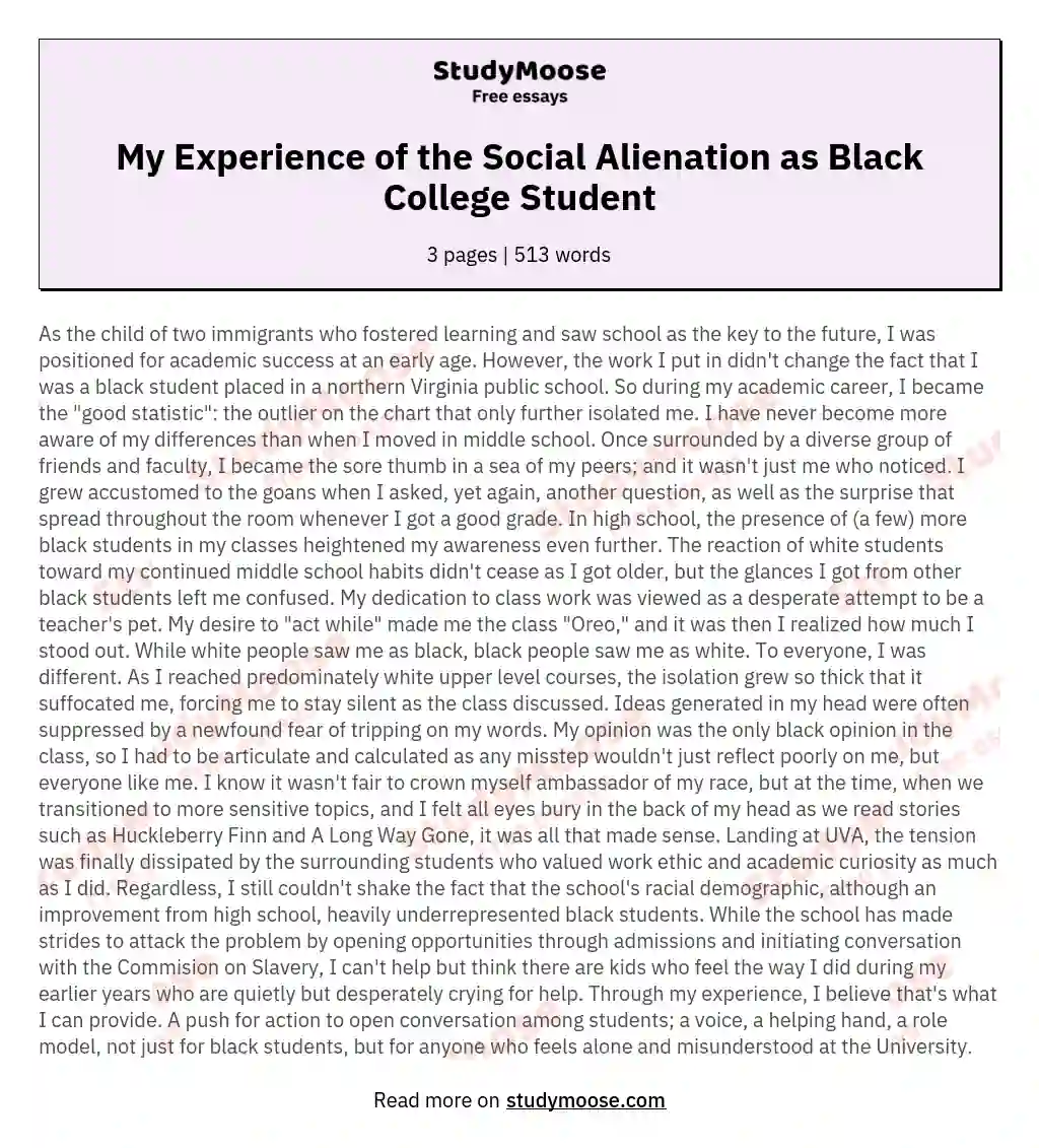 My Experience of the Social Alienation as Black College Student essay