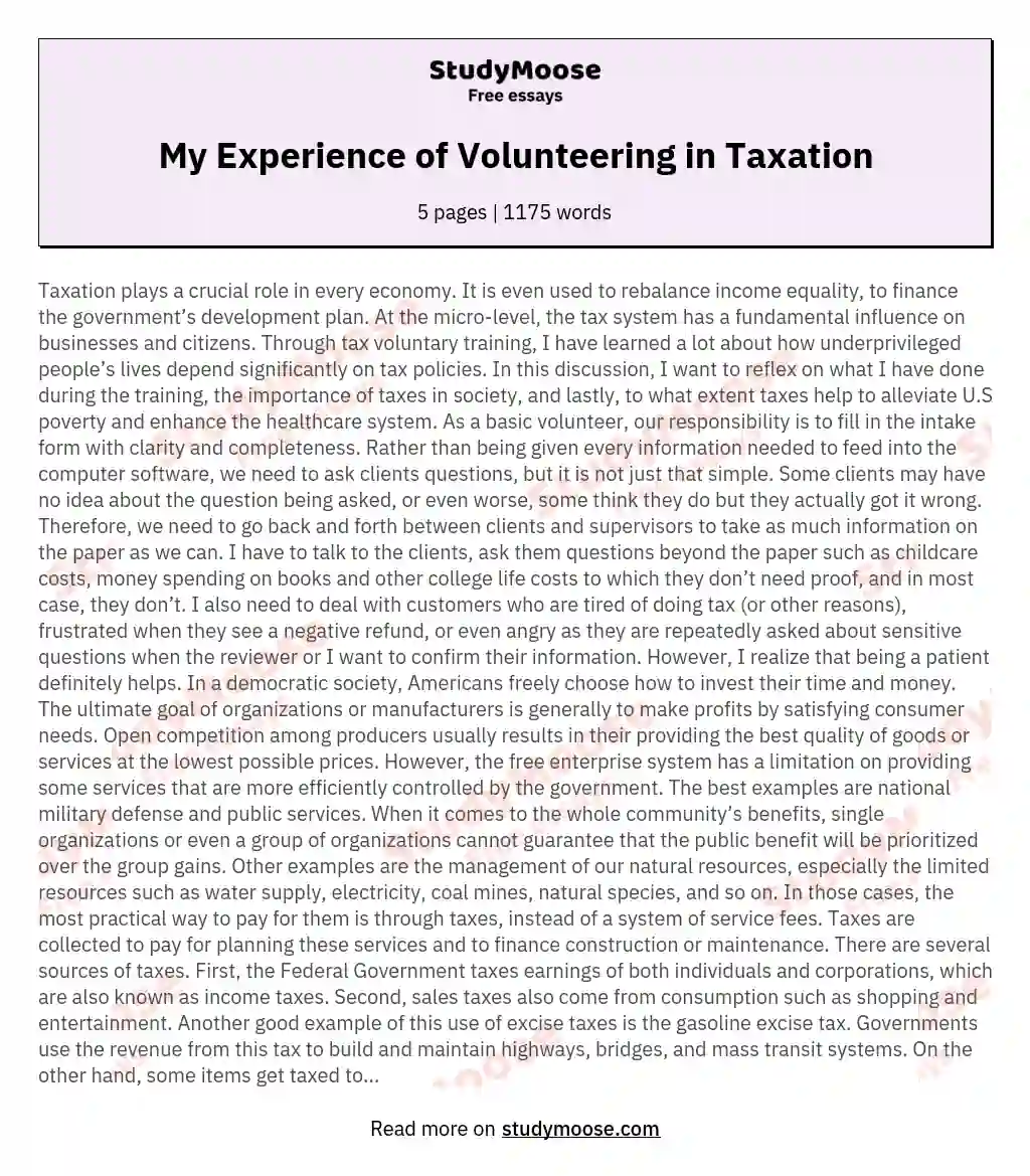 My Experience of Volunteering in Taxation essay