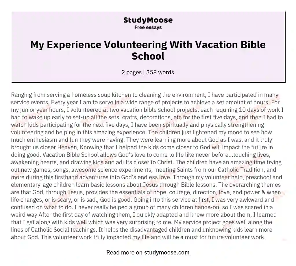 My Experience Volunteering With Vacation Bible School essay