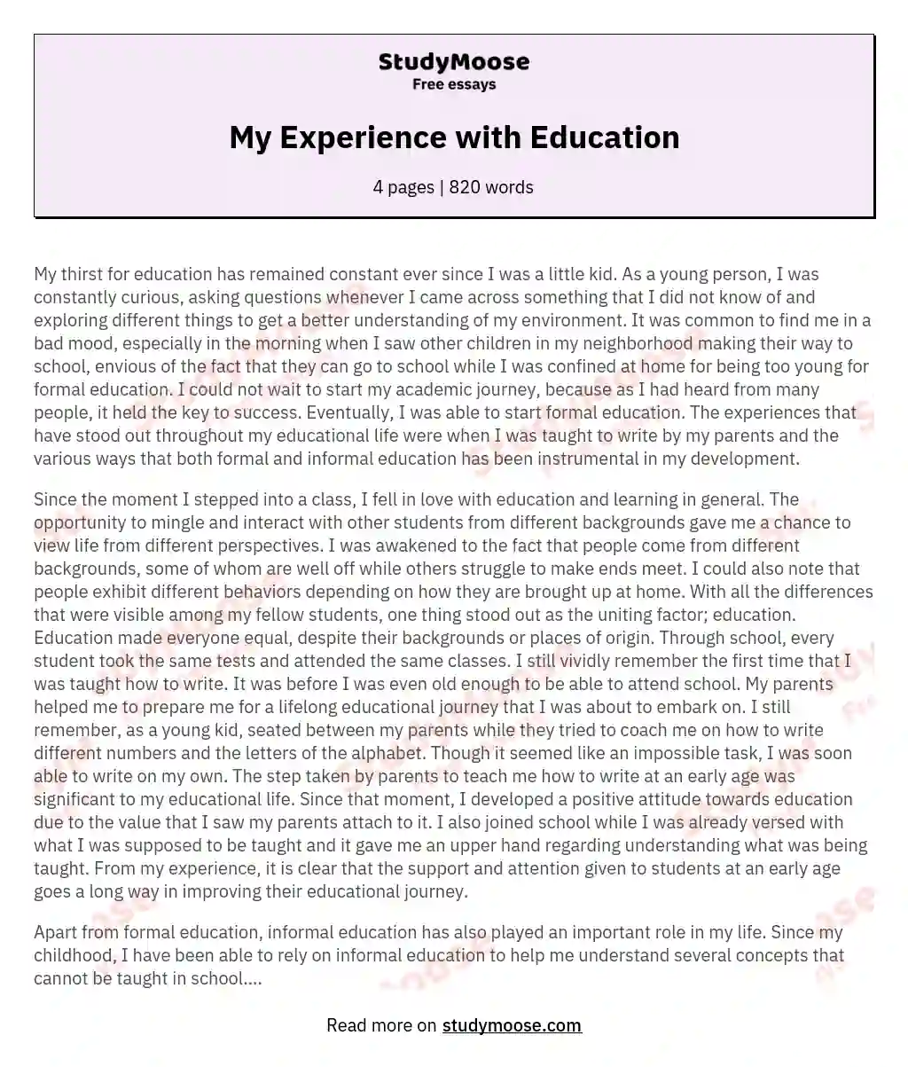 secondary education experience essay