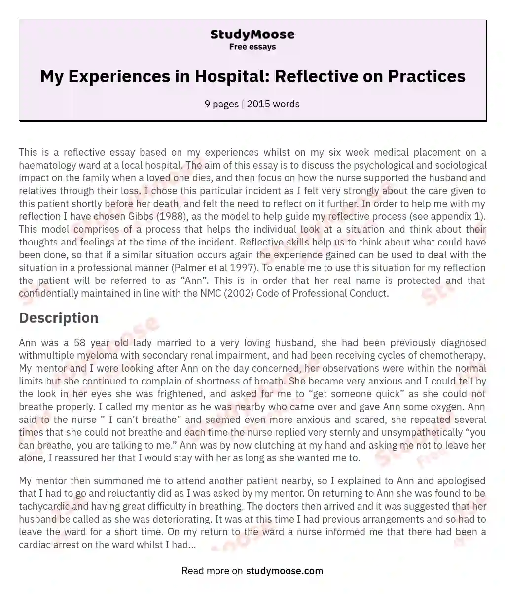 My Experiences in Hospital: Reflective on Practices essay
