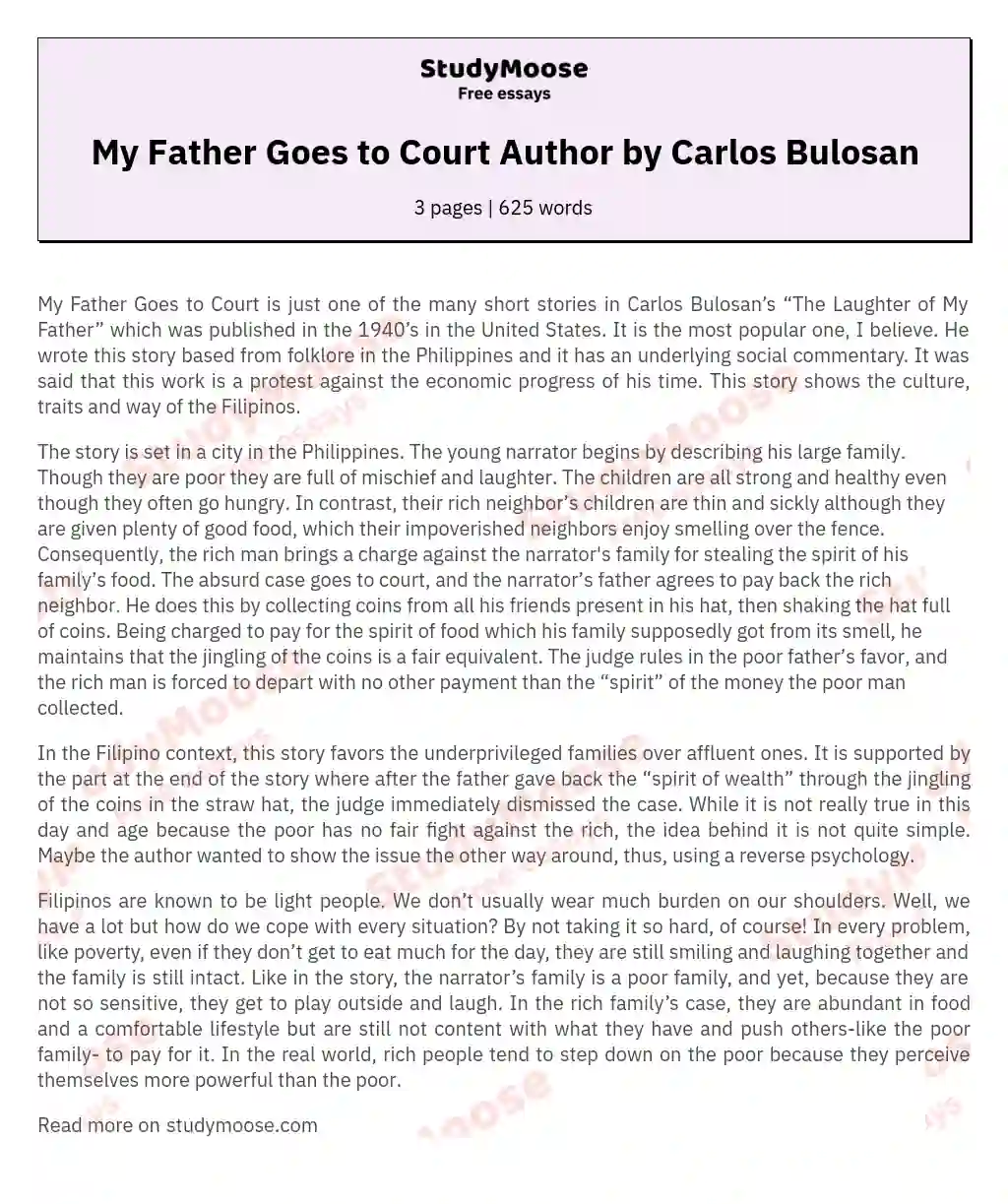 My Father Goes to Court Author by Carlos Bulosan essay
