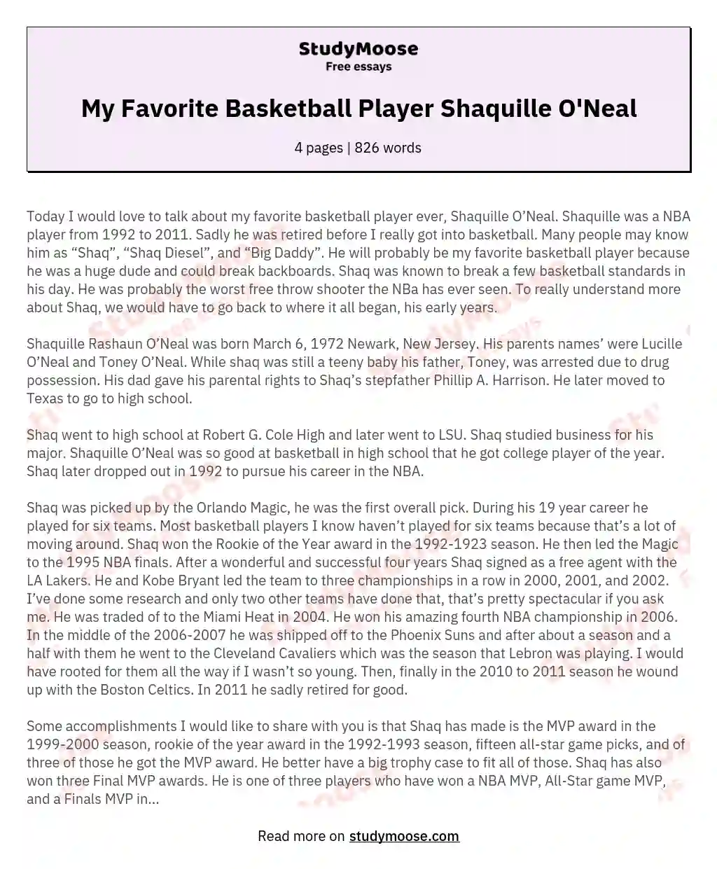 My Favorite Basketball Player Shaquille O'Neal essay