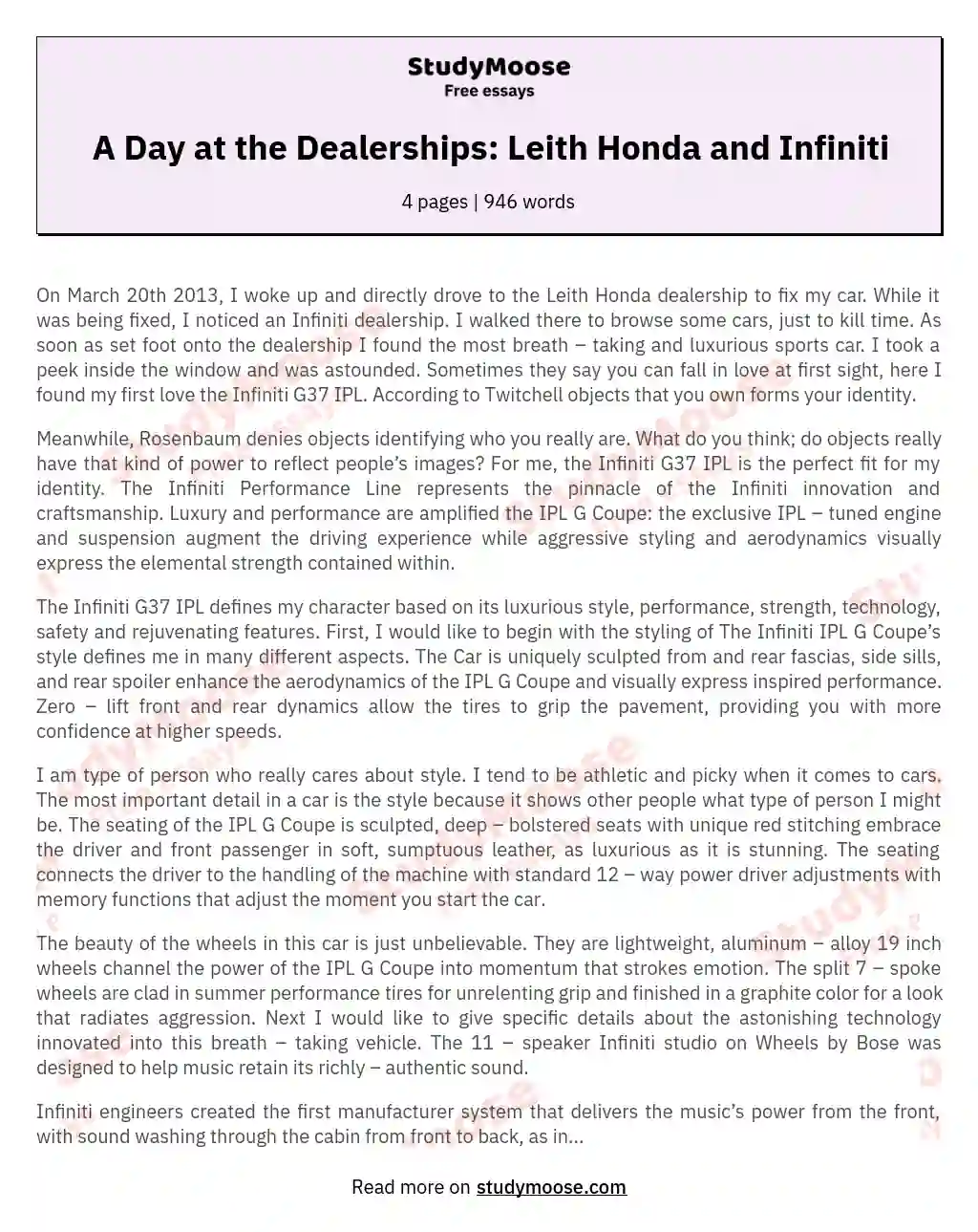 A Day at the Dealerships: Leith Honda and Infiniti essay