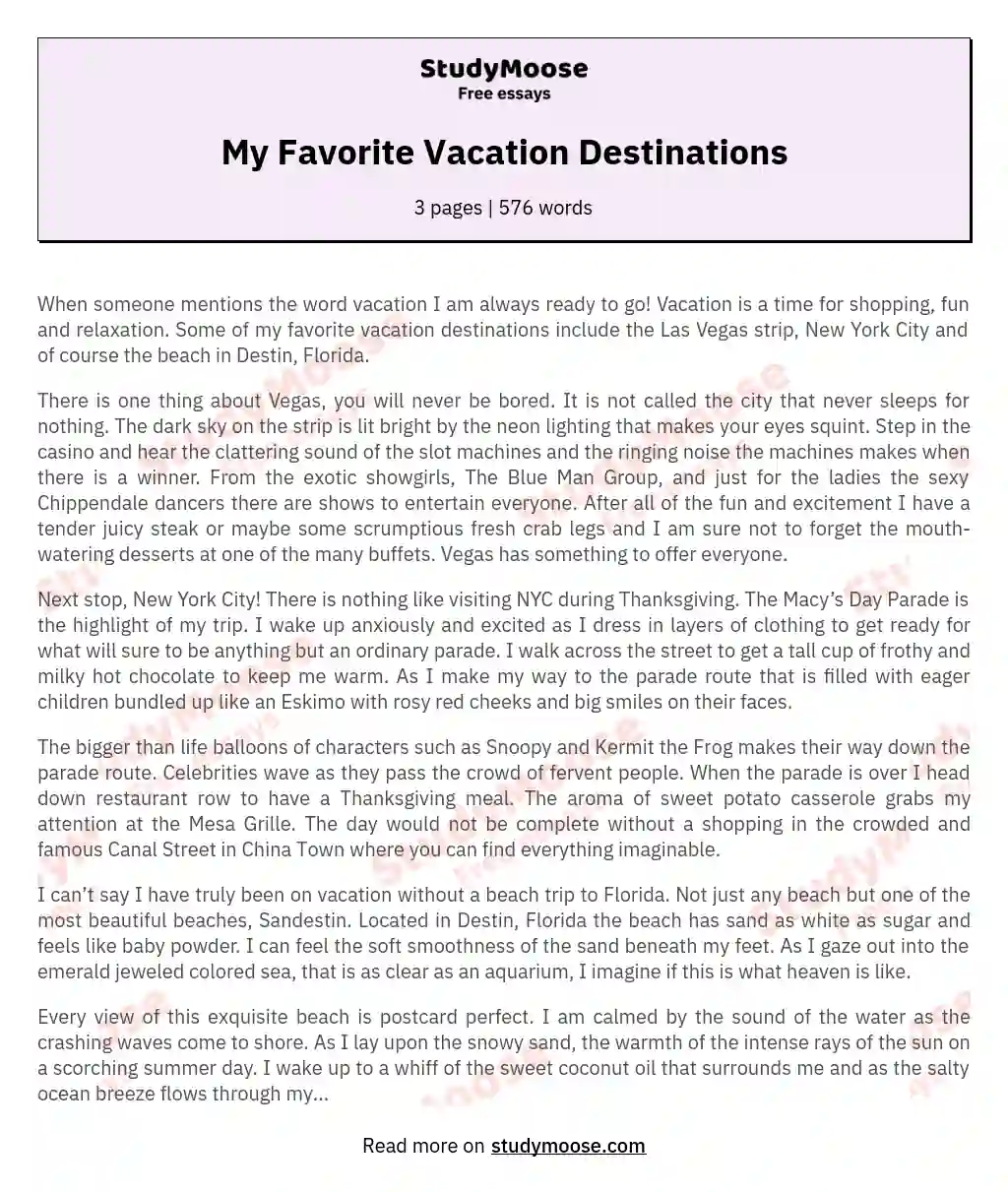 My Favorite Vacation Destinations essay