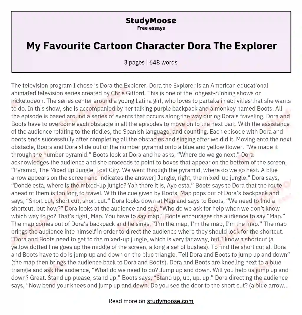My Favourite Cartoon Character Dora The Explorer Free Essay Example