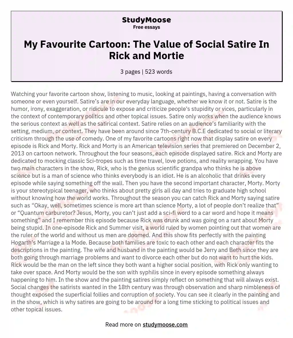 My Favourite Cartoon: The Value of Social Satire In Rick and Mortie Free  Essay Example