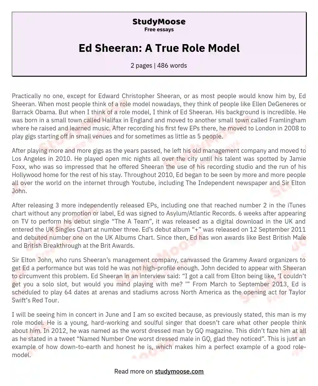 Ed Sheeran: A True Role Model essay