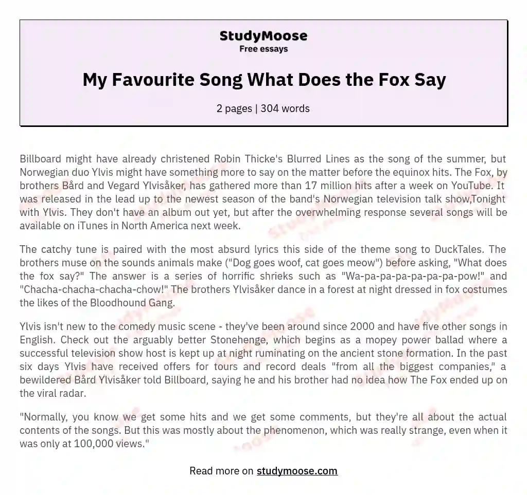 My Favourite Song What Does the Fox Say essay