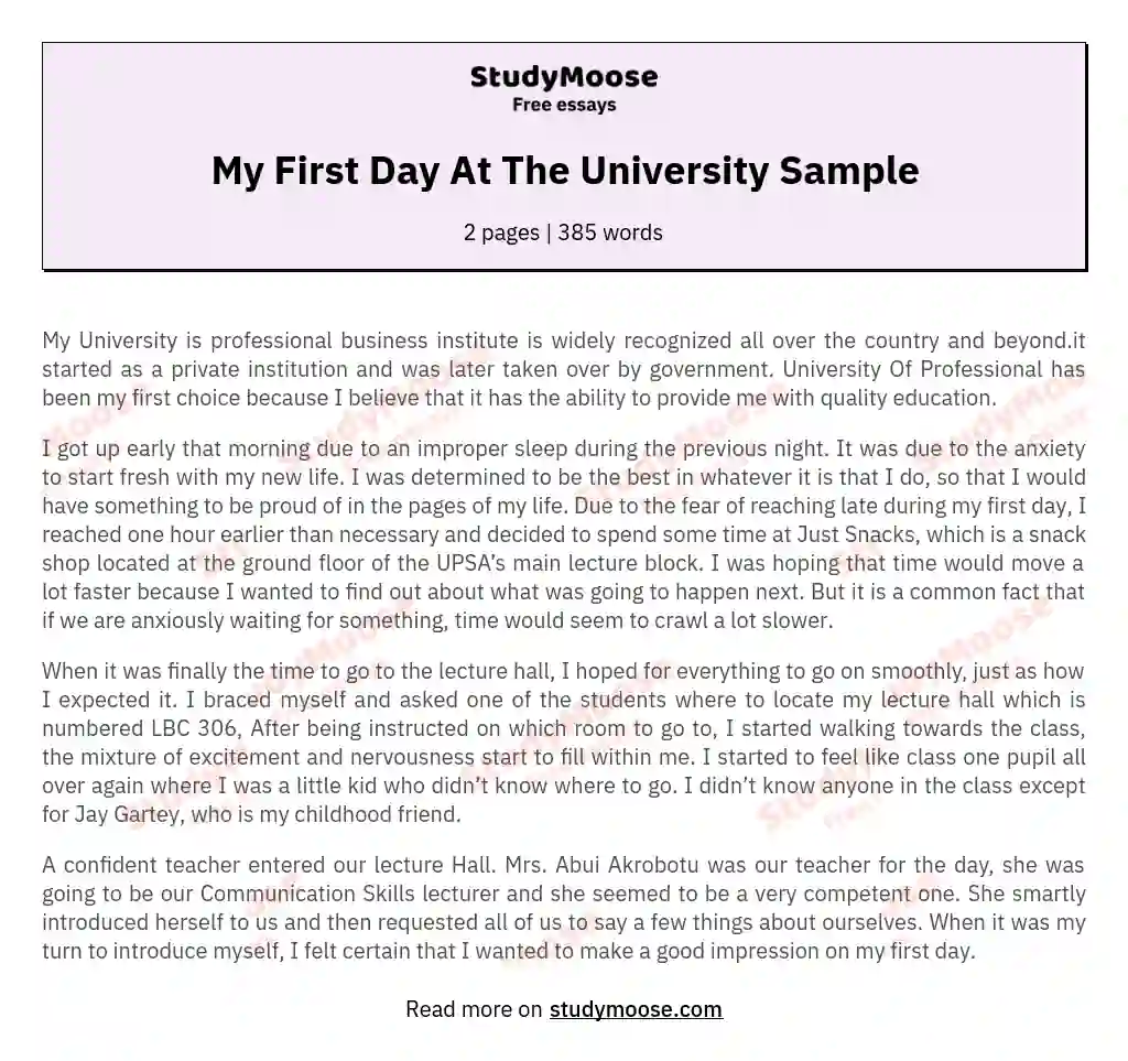 My First Day At The University Sample essay