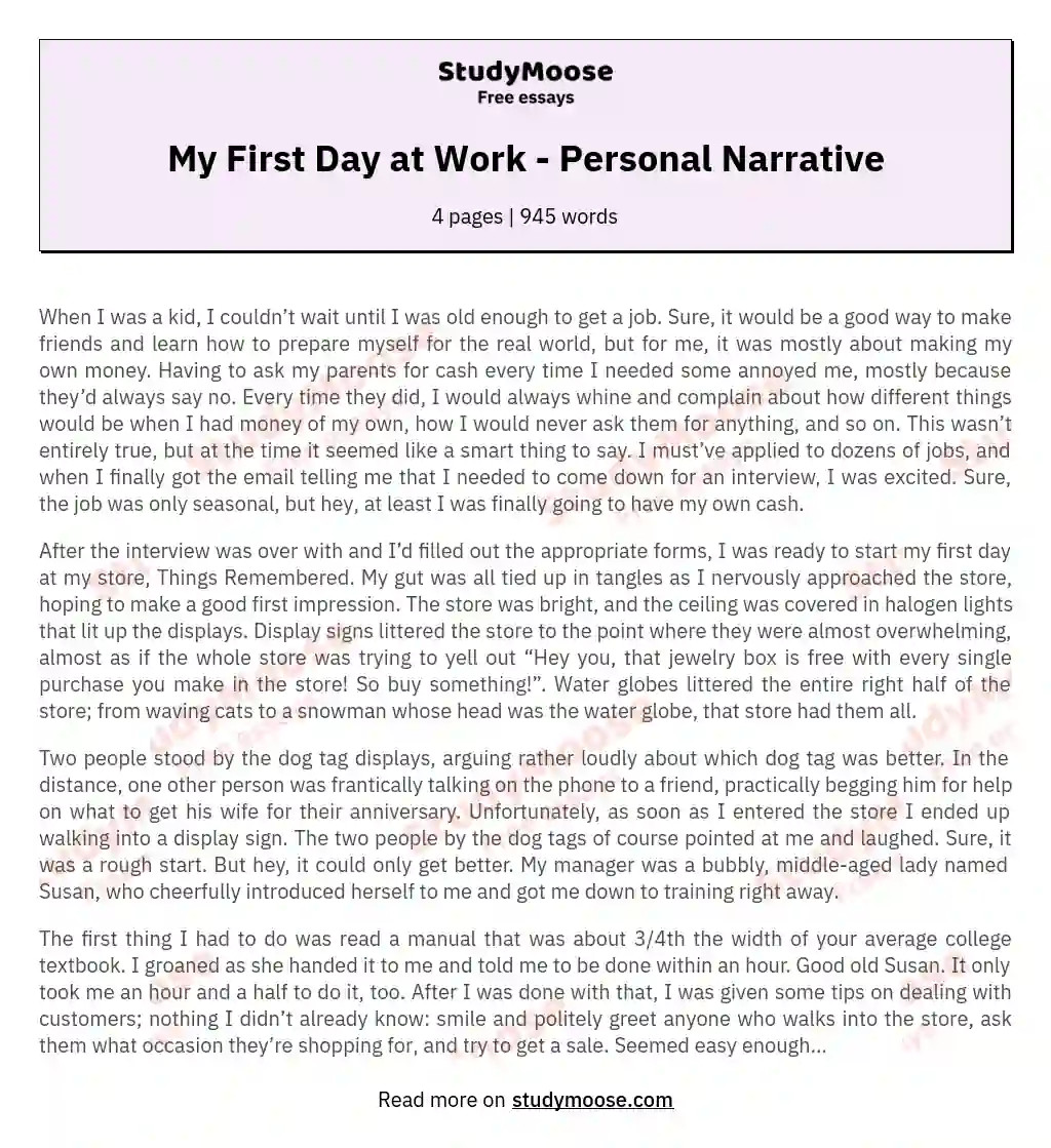 My First Day at Work - Personal Narrative essay