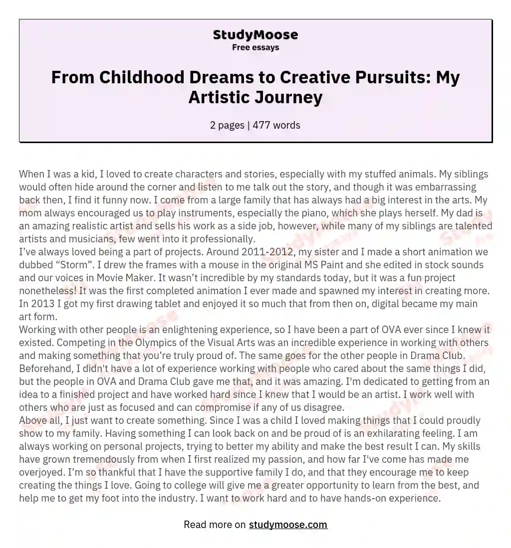 From Childhood Dreams to Creative Pursuits: My Artistic Journey essay