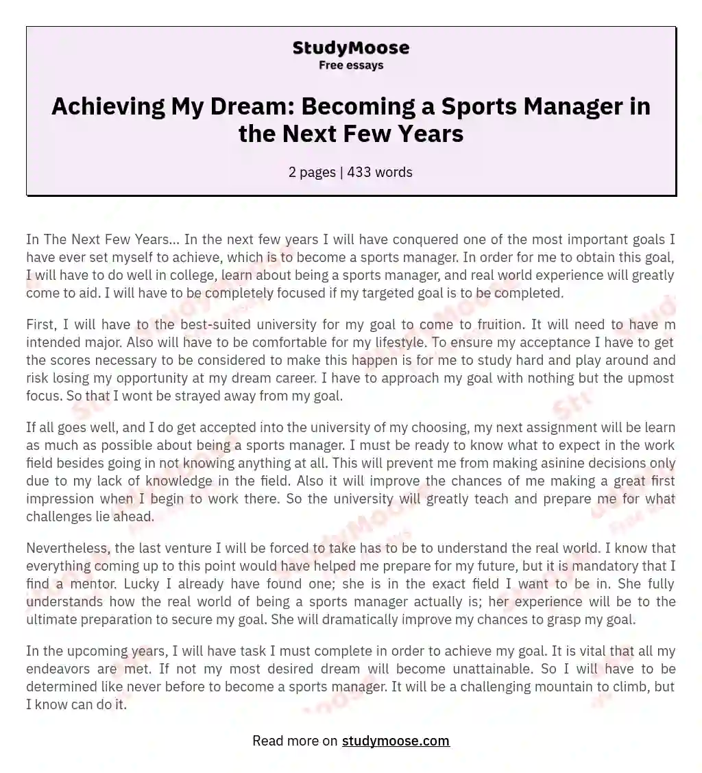 Achieving My Dream: Becoming a Sports Manager in the Next Few Years essay