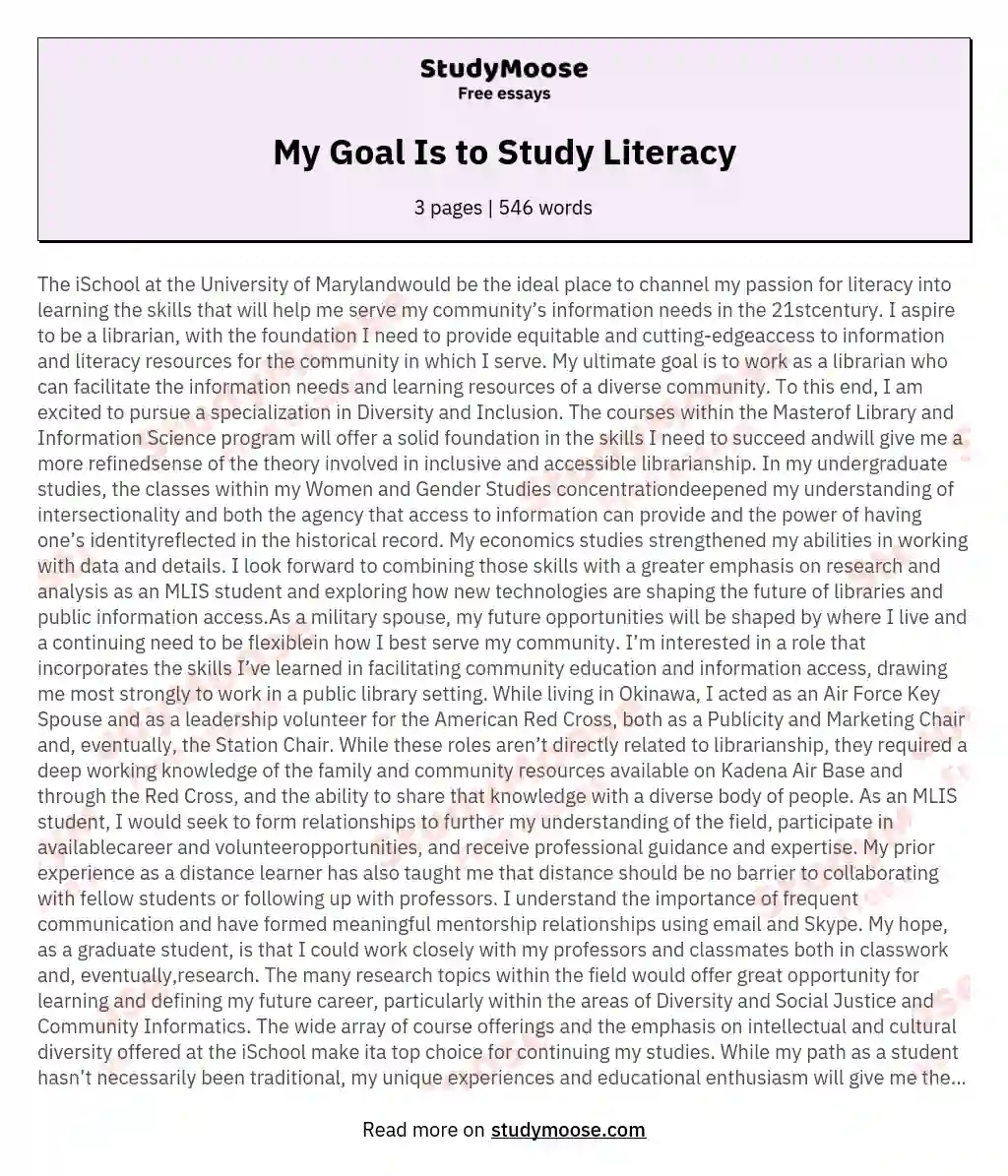 My Goal Is to Study Literacy essay