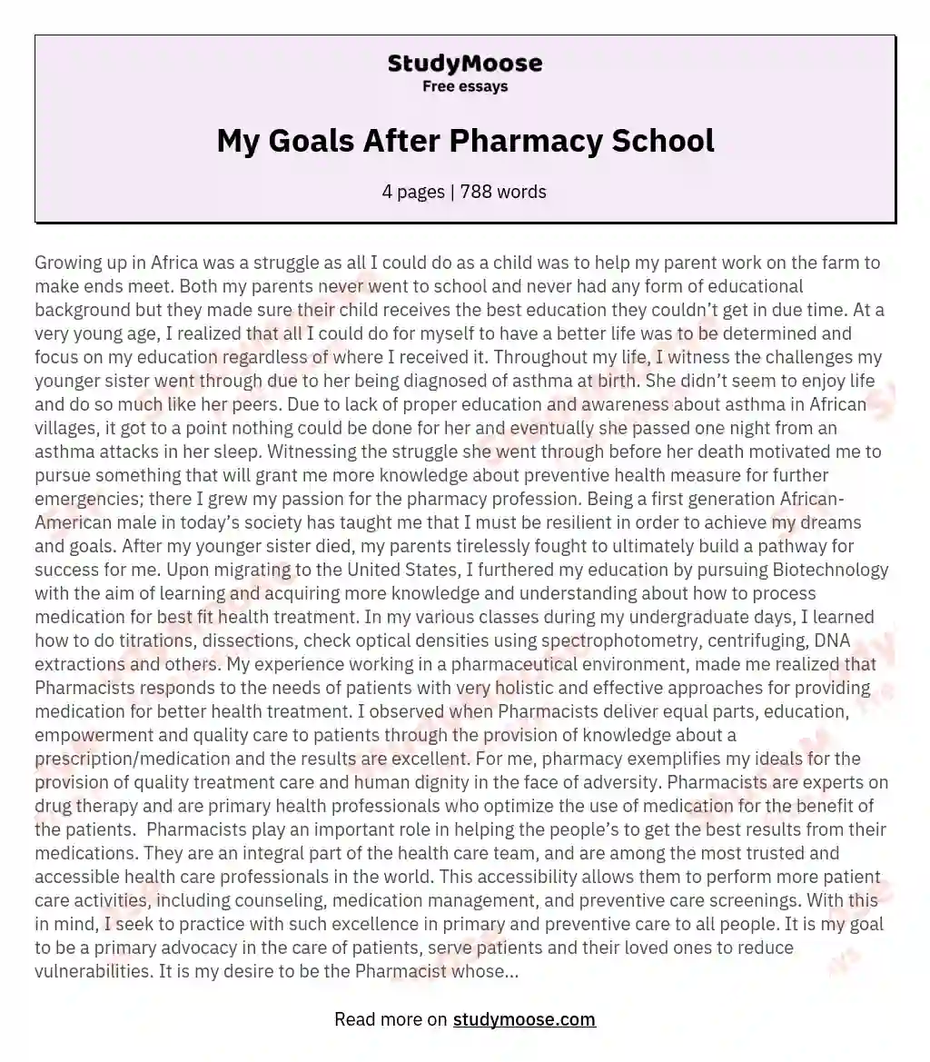 My Goals After Pharmacy School essay