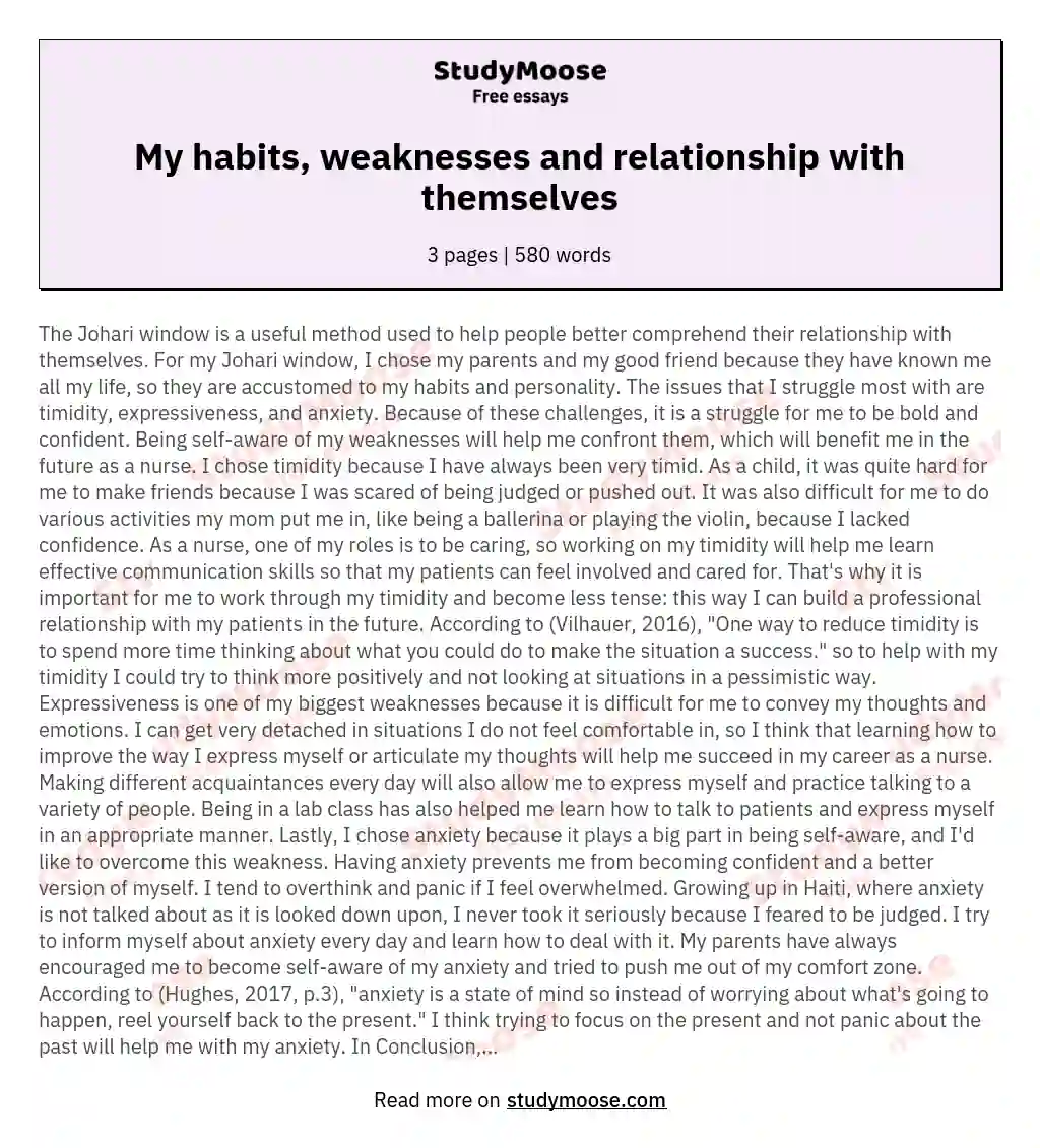 My habits, weaknesses and relationship with themselves essay