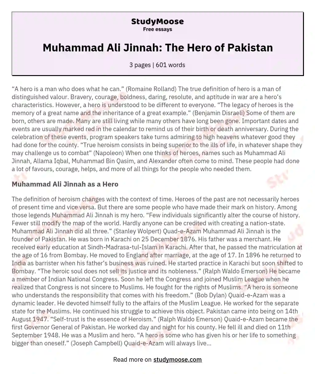 Muhammad Ali Jinnah: The Hero of Pakistan essay