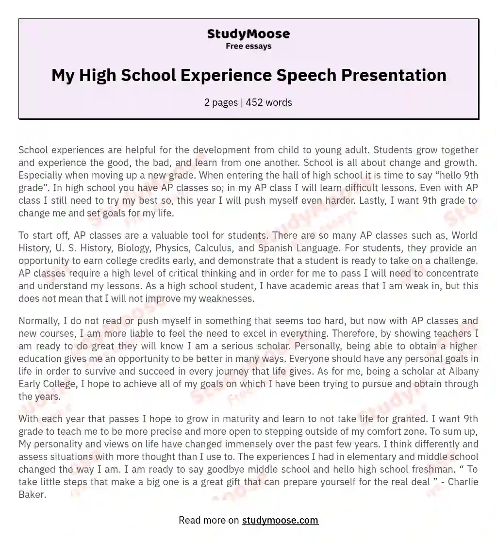 My High School Experience Speech Presentation essay