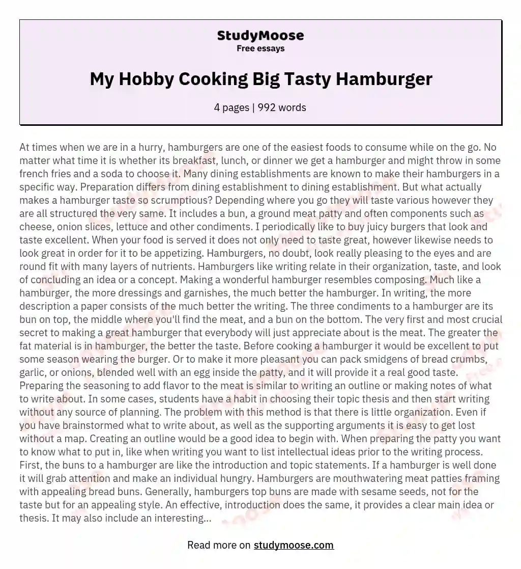My Hobby Cooking Big Tasty Hamburger