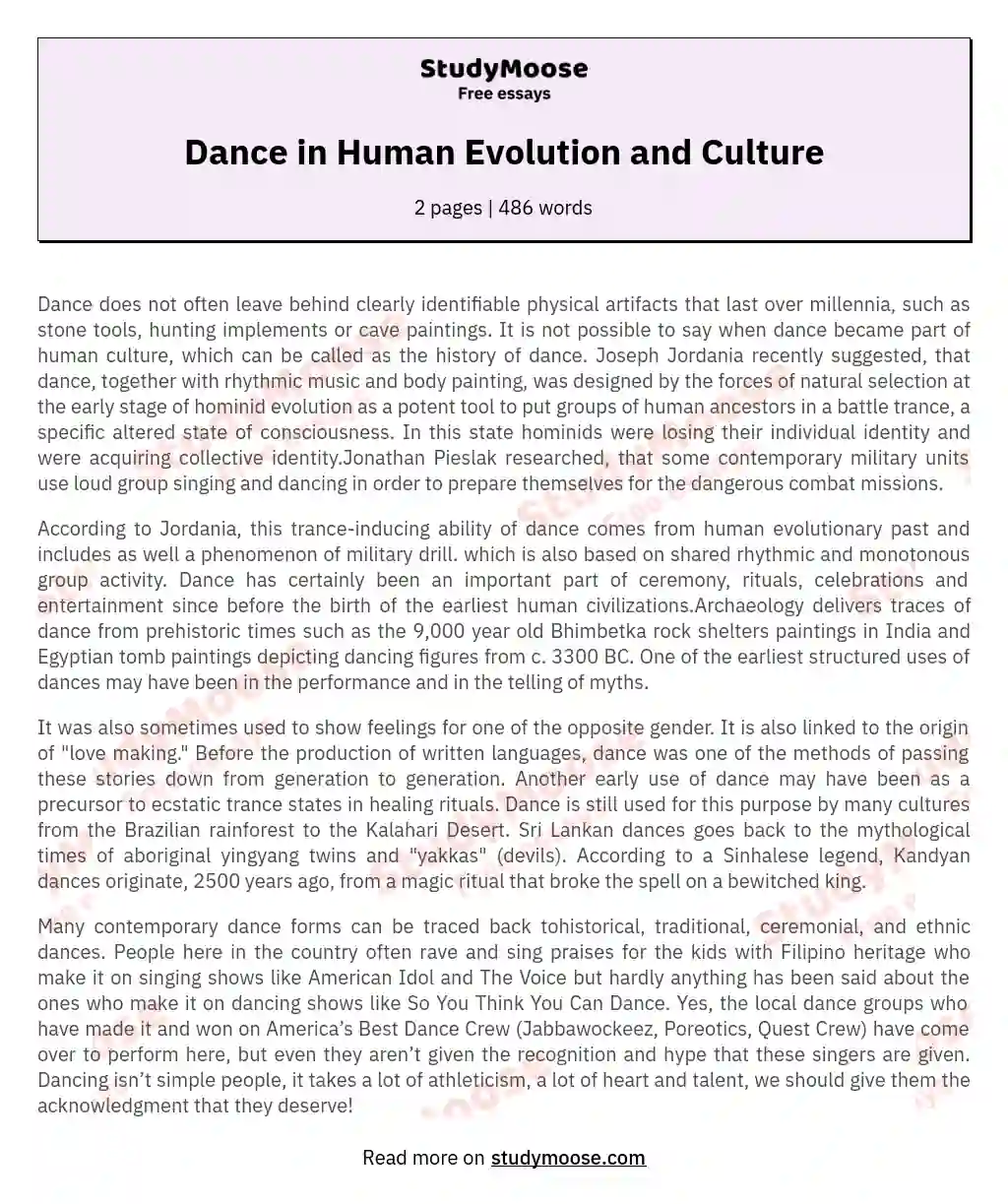 Dance in Human Evolution and Culture essay