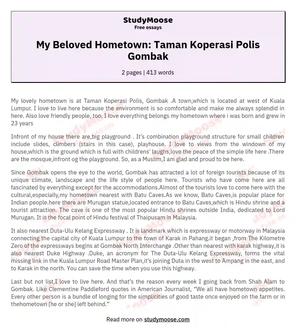 My Beloved Hometown: Taman Koperasi Polis Gombak essay