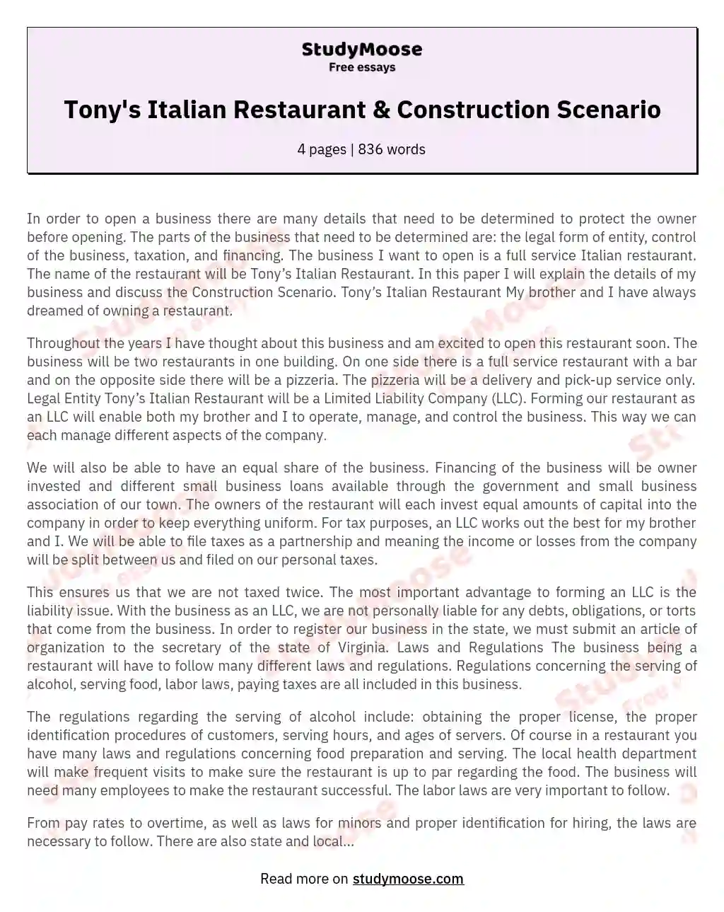 Tony's Italian Restaurant & Construction Scenario essay