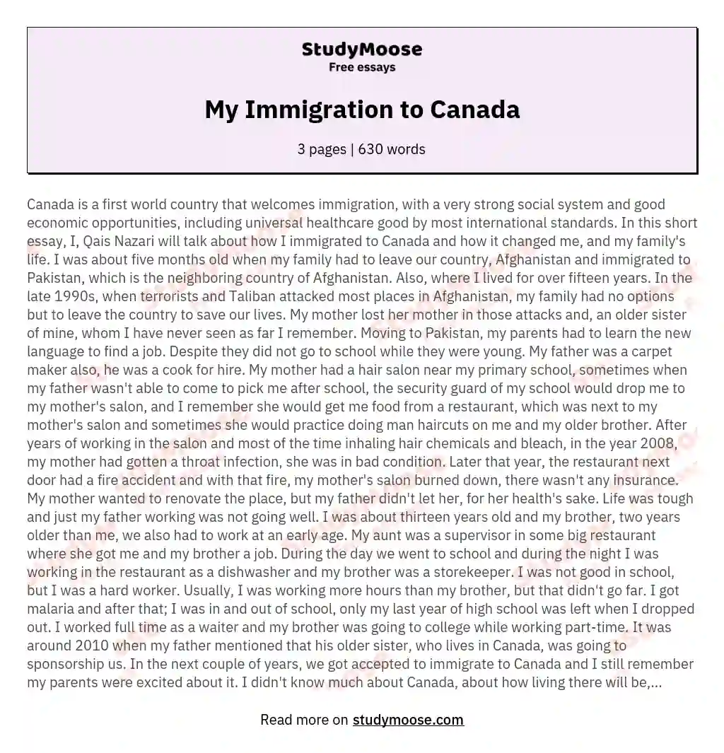 My Immigration to Canada essay